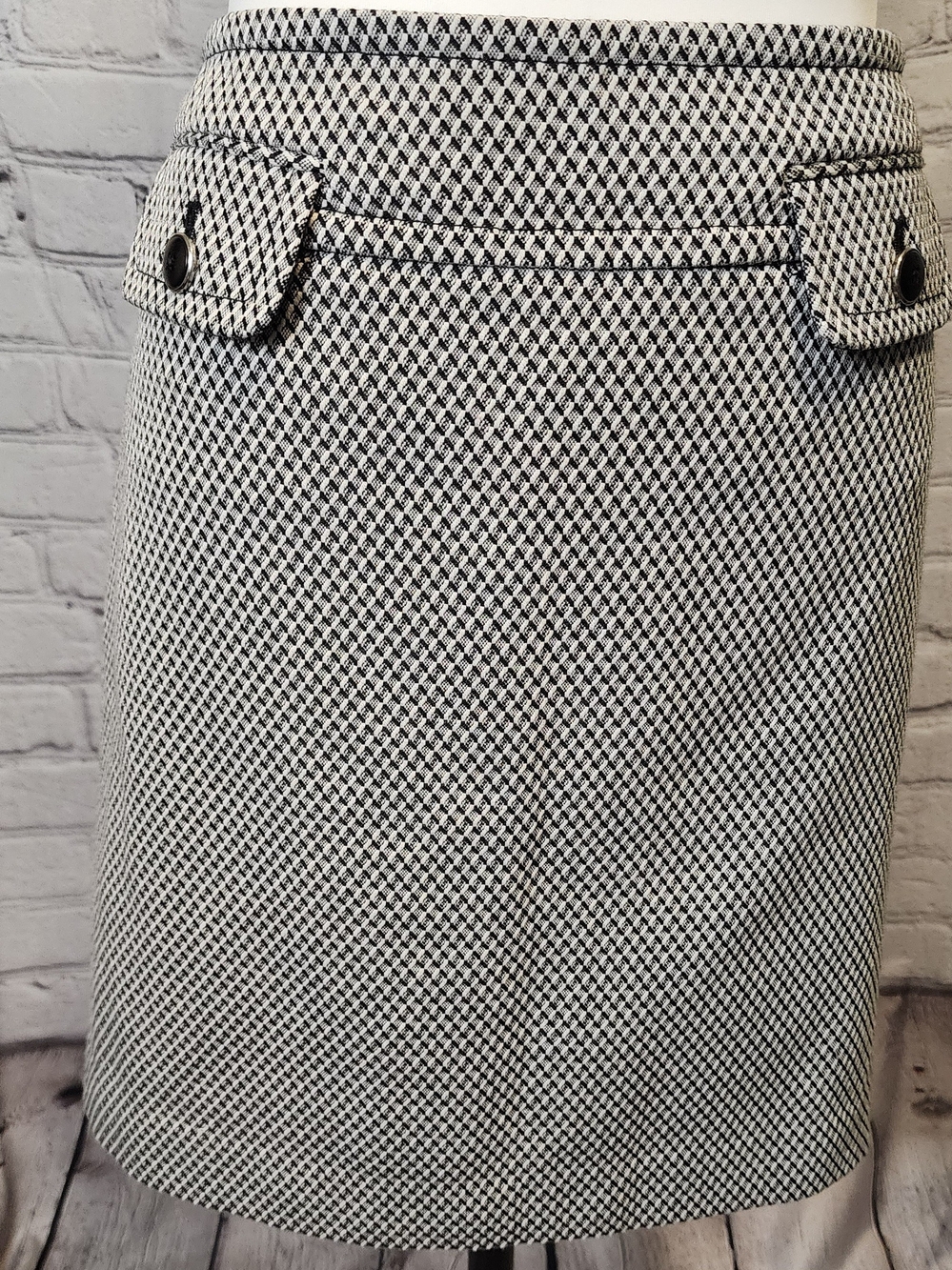 LOFT Black and White Tweed Pencil Skirt with Buttoned Flap Details